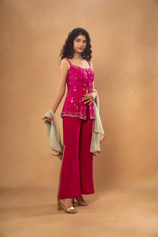PINK EMBROIDERED SHORT KURTI PANT SET (SET OF 3)