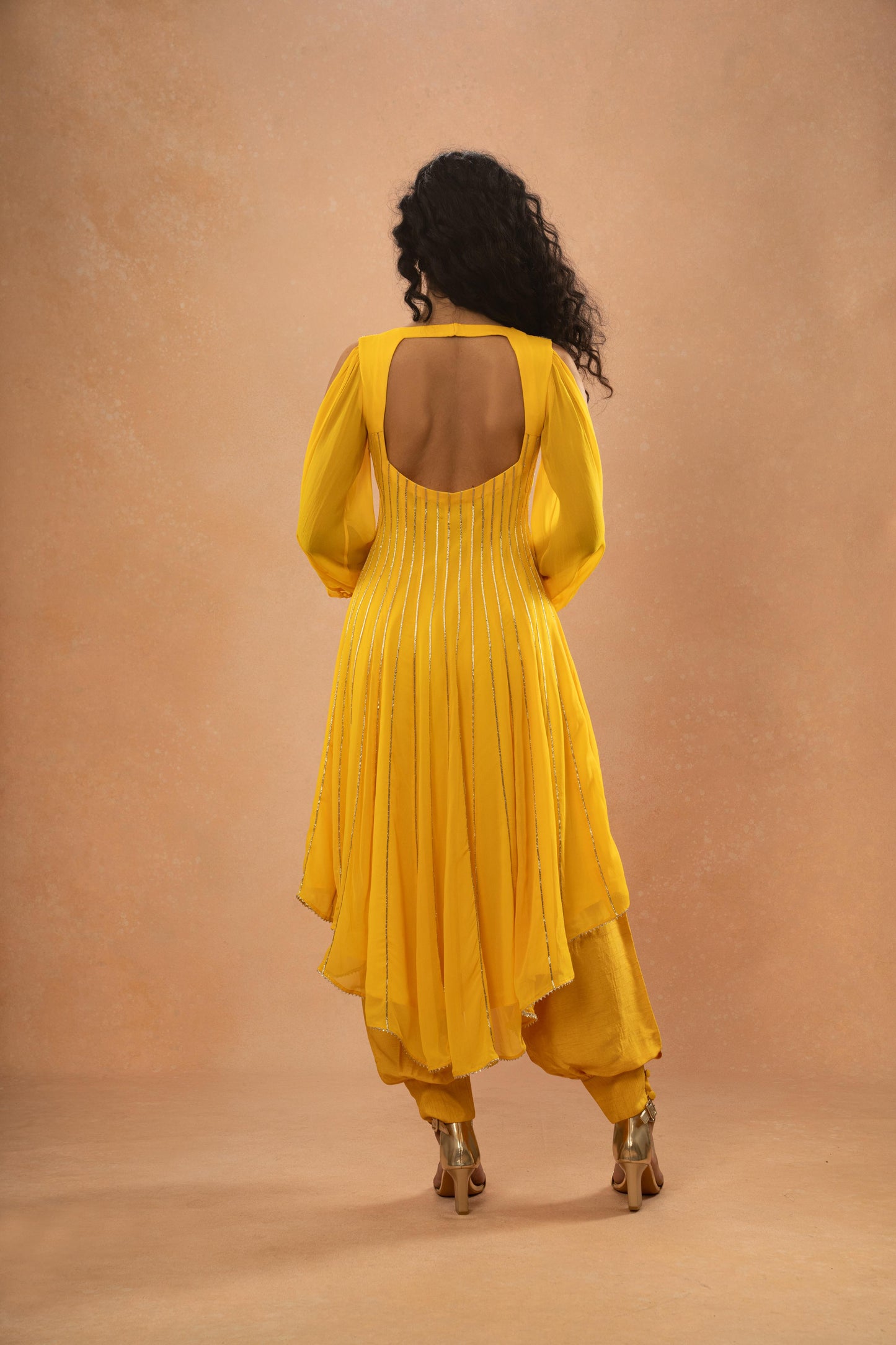 YELLOW ASYMMETRICAL ANARKALI BALLON PANT SET (SET OF 3)
