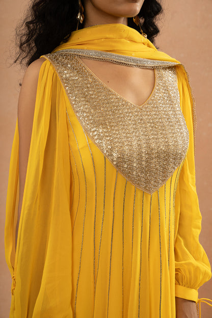 YELLOW ASYMMETRICAL ANARKALI BALLON PANT SET (SET OF 3)