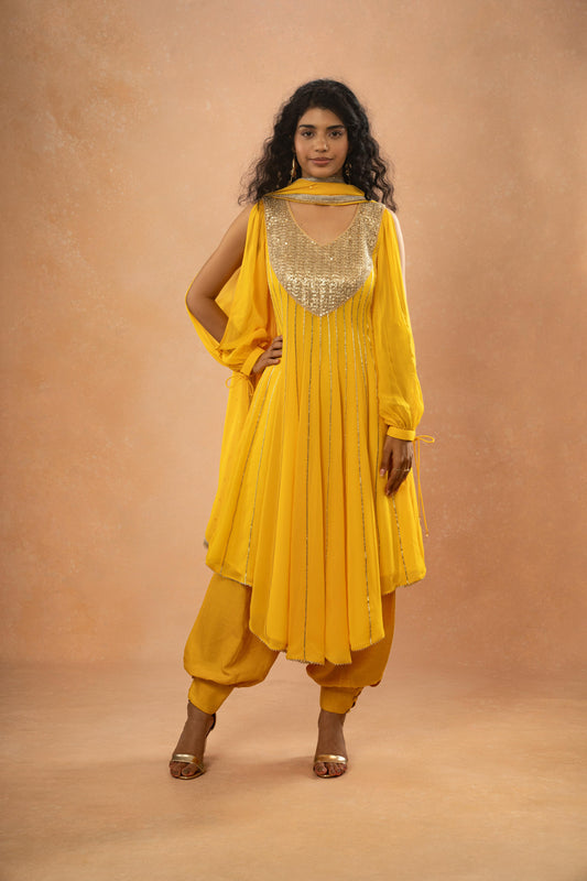 YELLOW ASYMMETRICAL ANARKALI BALLON PANT SET (SET OF 3)