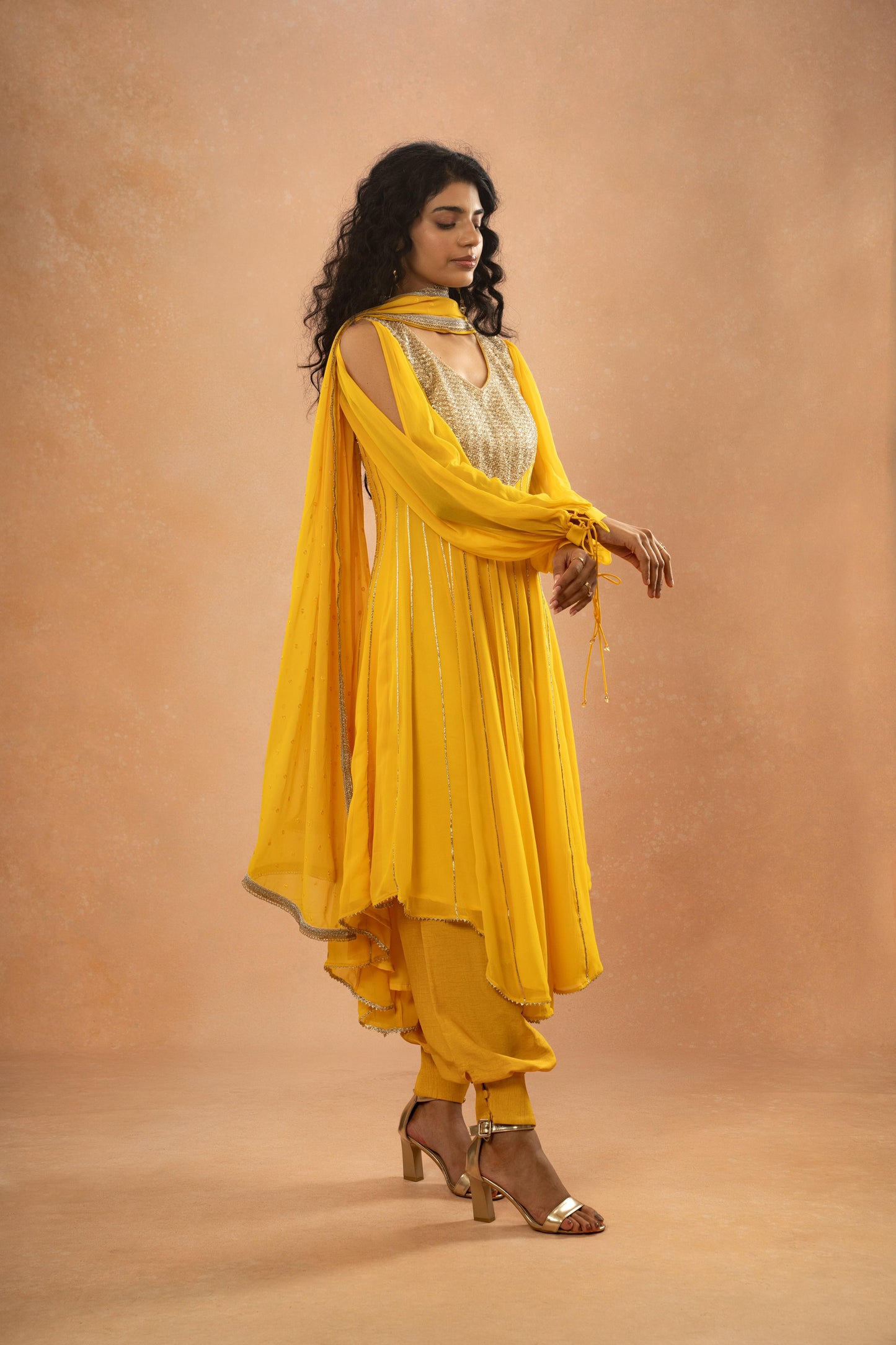 YELLOW ASYMMETRICAL ANARKALI BALLON PANT SET (SET OF 3)