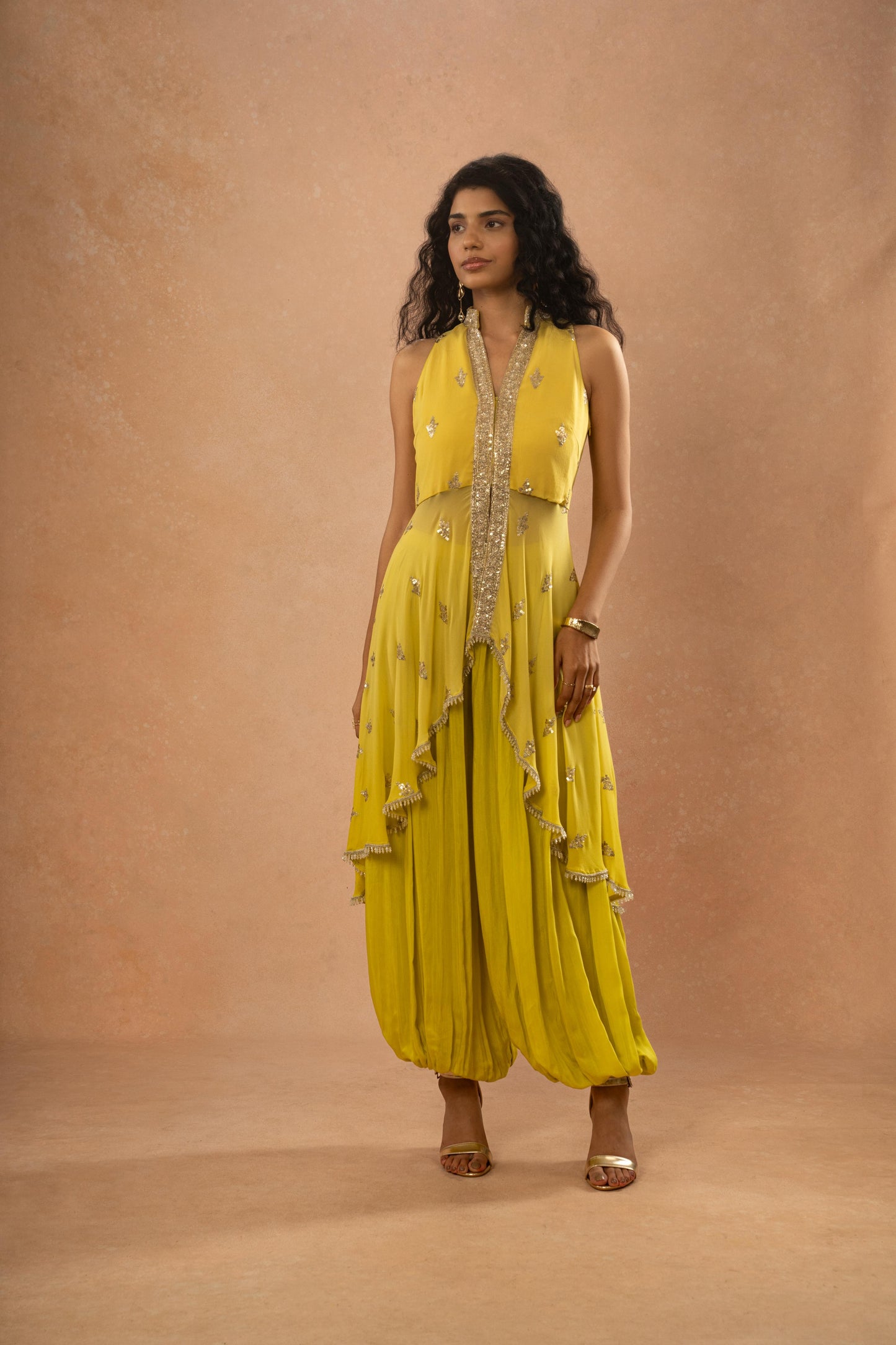 LIME GREEN ASSYMETRICAL KURTI , ALGERIAN PANT SET ( SET OF 2)