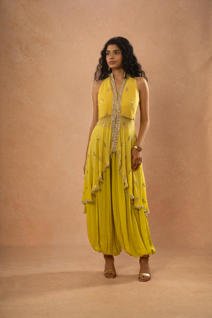 LIME GREEN ASSYMETRICAL KURTI , ALGERIAN PANT SET ( SET OF 2)