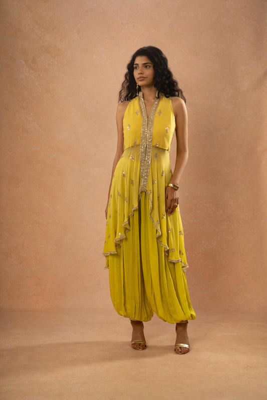 LIME GREEN ASSYMETRICAL KURTI , ALGERIAN PANT SET ( SET OF 2)