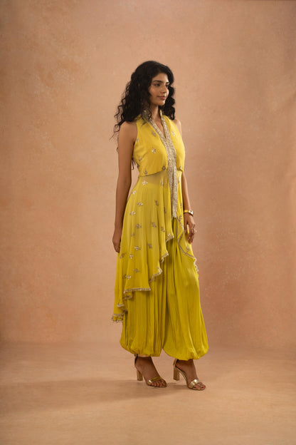 LIME GREEN ASSYMETRICAL KURTI , ALGERIAN PANT SET ( SET OF 2)