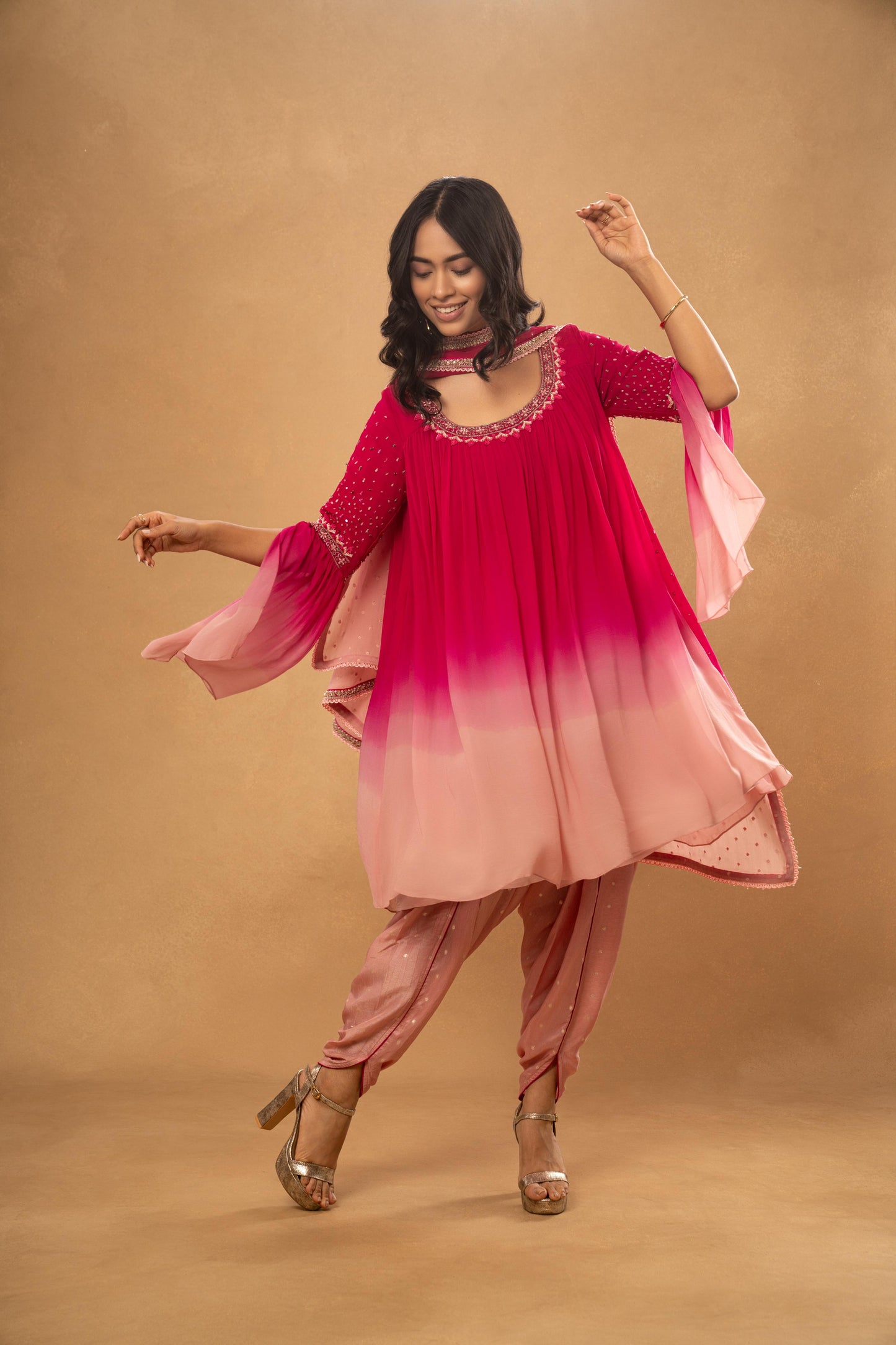 PINK PEACH OVERSIZED KURTI DHOTI PANT SET( SET OF 3)