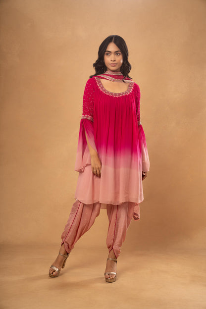 PINK PEACH OVERSIZED KURTI DHOTI PANT SET( SET OF 3)