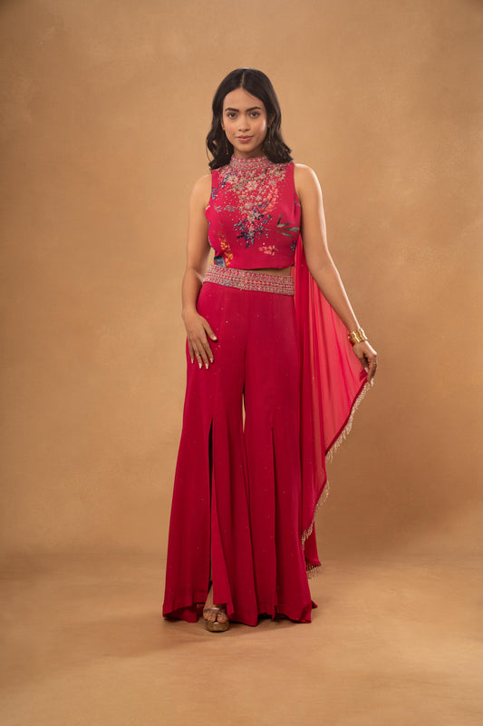 PINK PRINTED EMBROIDERED CROP TOP PANT SET WITH ATTACHED DUPATA (SET OF 2)