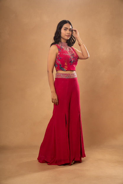 PINK PRINTED EMBROIDERED CROP TOP PANT SET WITH ATTACHED DUPATA (SET OF 2)