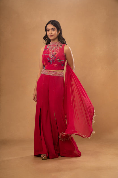 PINK PRINTED EMBROIDERED CROP TOP PANT SET WITH ATTACHED DUPATA (SET OF 2)