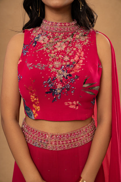 PINK PRINTED EMBROIDERED CROP TOP PANT SET WITH ATTACHED DUPATA (SET OF 2)
