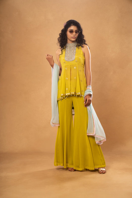 LIME GREEN EMBROIDERED SHORT KURTI SHARARA SET (SET OF 3)