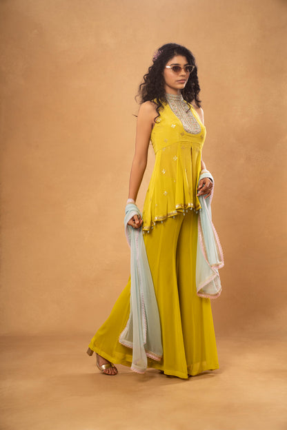 LIME GREEN EMBROIDERED SHORT KURTI SHARARA SET (SET OF 3)