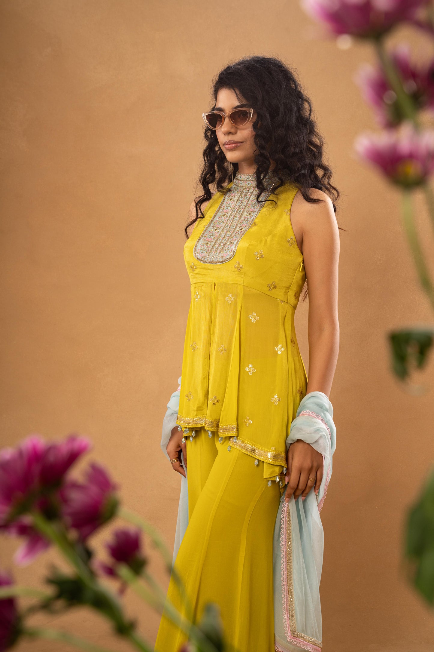 LIME GREEN EMBROIDERED SHORT KURTI SHARARA SET (SET OF 3)