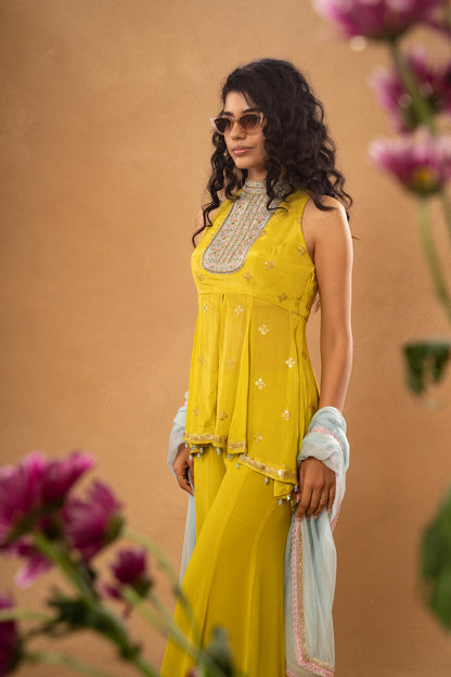 LIME GREEN EMBROIDERED SHORT KURTI SHARARA SET (SET OF 3)