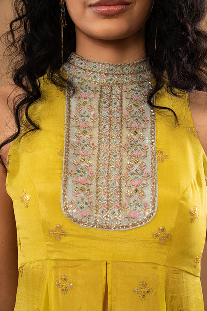 LIME GREEN EMBROIDERED SHORT KURTI SHARARA SET (SET OF 3)