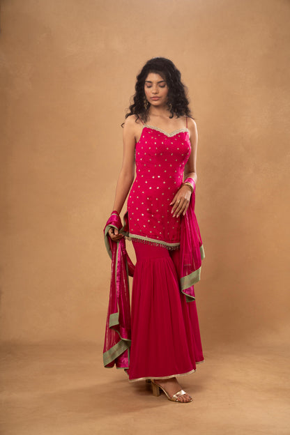 PINK SHORT KURTI GHARARA SET (SET OF 3)
