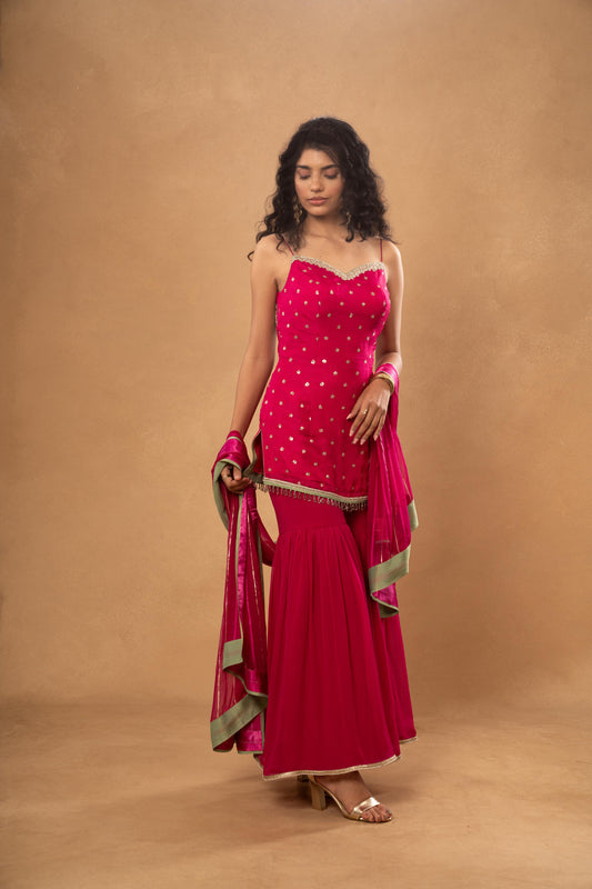 PINK SHORT KURTI GHARARA SET (SET OF 3)
