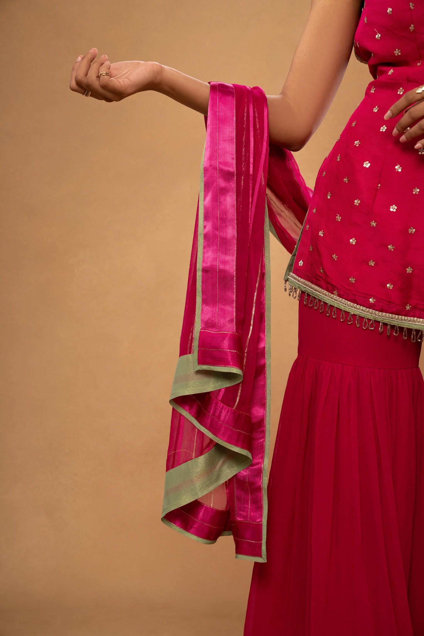 PINK SHORT KURTI GHARARA SET (SET OF 3)