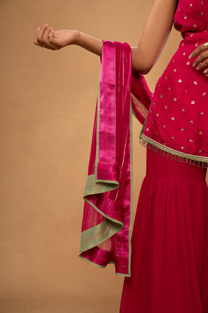 PINK SHORT KURTI GHARARA SET (SET OF 3)