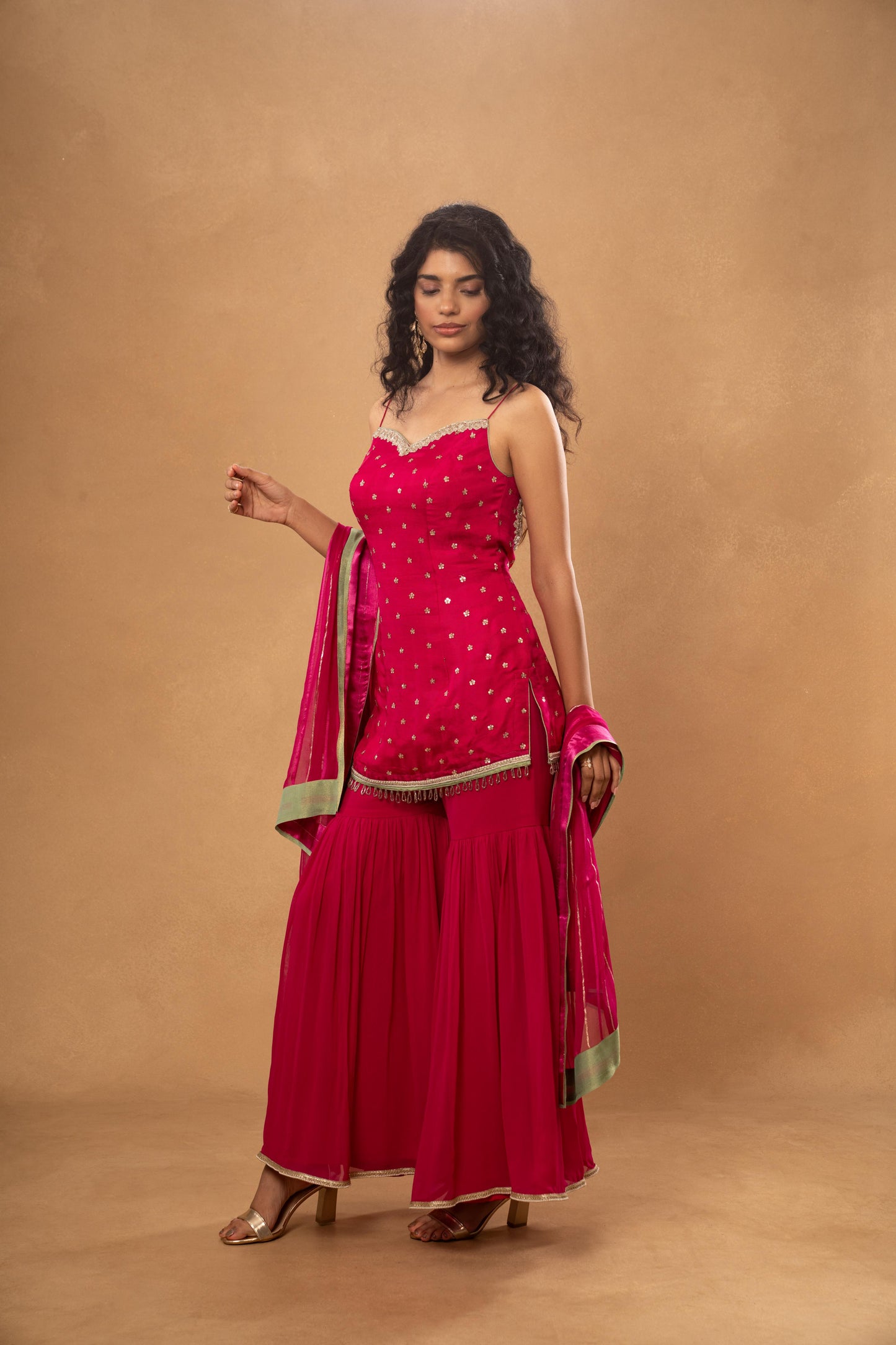 PINK SHORT KURTI GHARARA SET (SET OF 3)