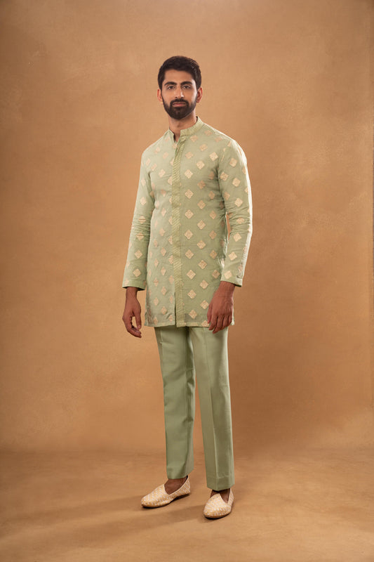 GREEN WOVEN ORGANZA KURTA PANT SET (SET OF 2)