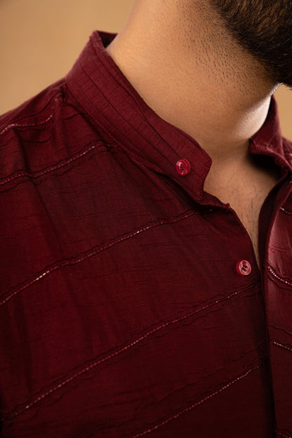 MAROON TEXTURED WOVEN KURTA PANT SET (SET OF 2)