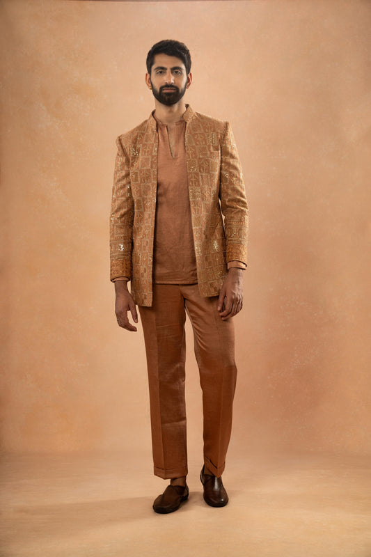 CARAMEL BROWN EMBROIDERED JACKET  KURTA PANT SET (SET OF 3)