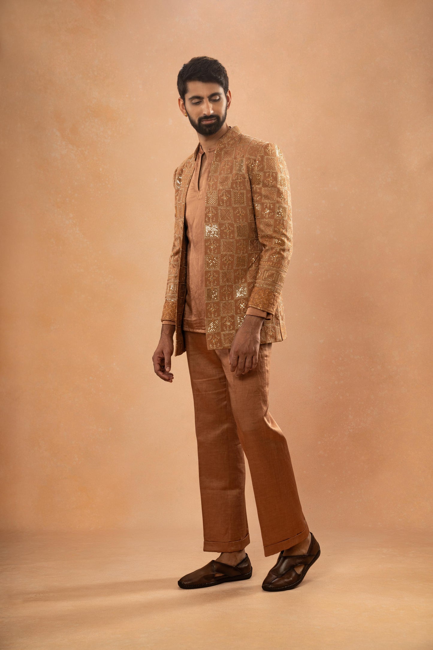 CARAMEL BROWN EMBROIDERED JACKET  KURTA PANT SET (SET OF 3)