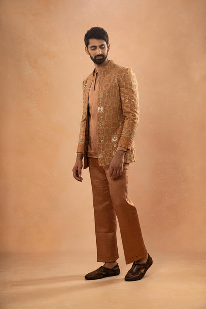 CARAMEL BROWN EMBROIDERED JACKET  KURTA PANT SET (SET OF 3)