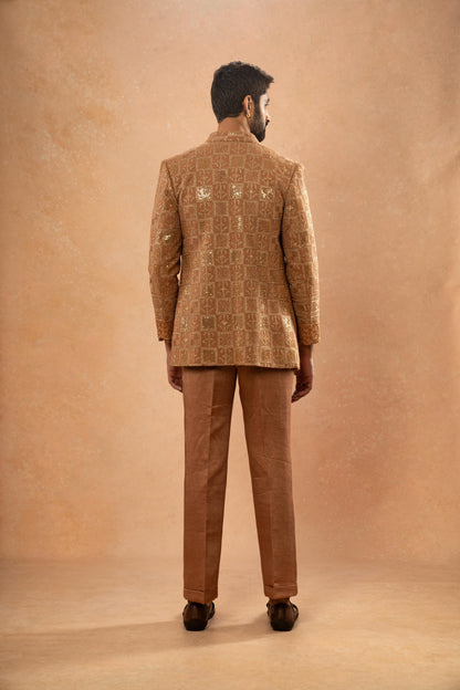 CARAMEL BROWN EMBROIDERED JACKET  KURTA PANT SET (SET OF 3)