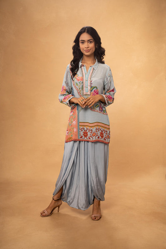 BLUE PRINTED SHORT KURTI AND DHOTI CORD SET ( SET OF 2)