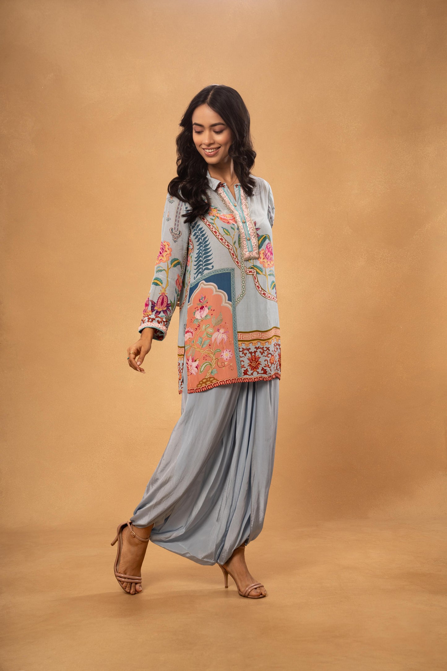 BLUE PRINTED SHORT KURTI AND DHOTI CORD SET ( SET OF 2)
