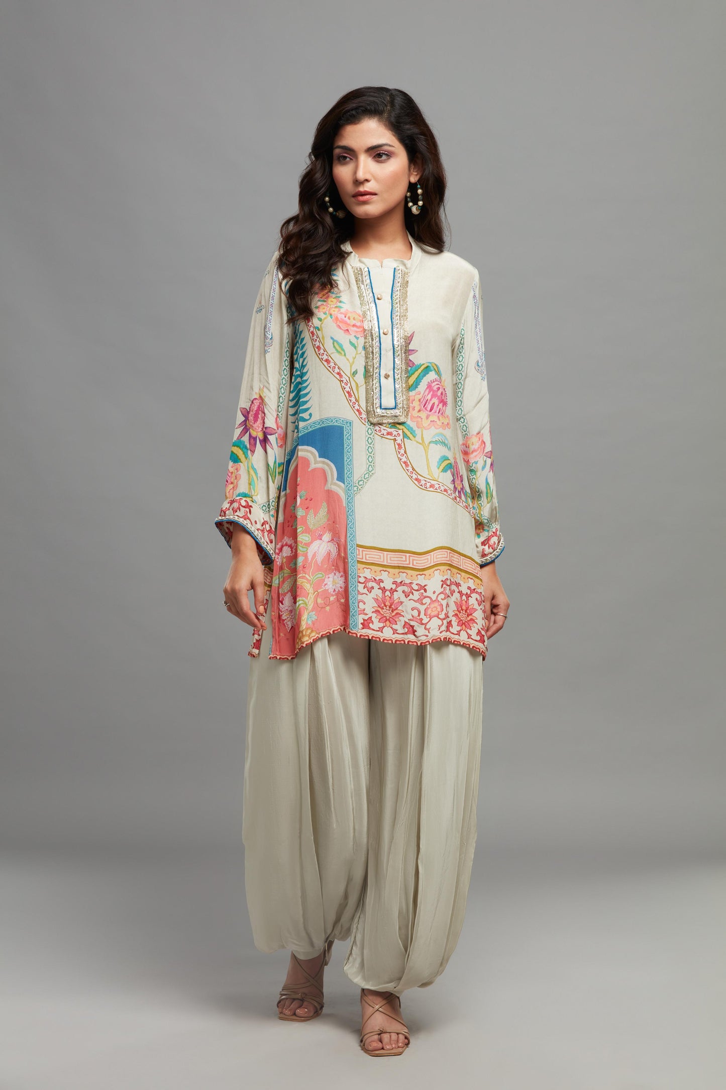 GREY ⁠PRINTED SHORT KURTI AND DHOTI CORD SET ( SET OF 2)