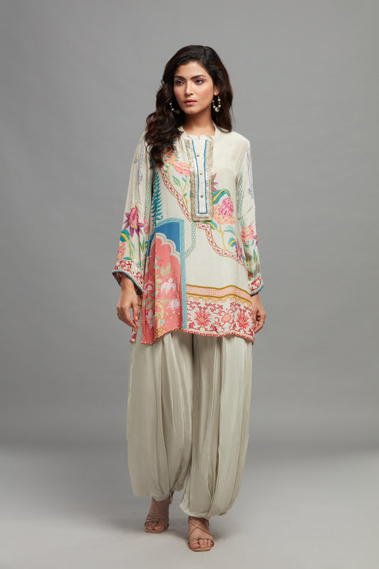 GREY ⁠PRINTED SHORT KURTI AND DHOTI CORD SET ( SET OF 2)