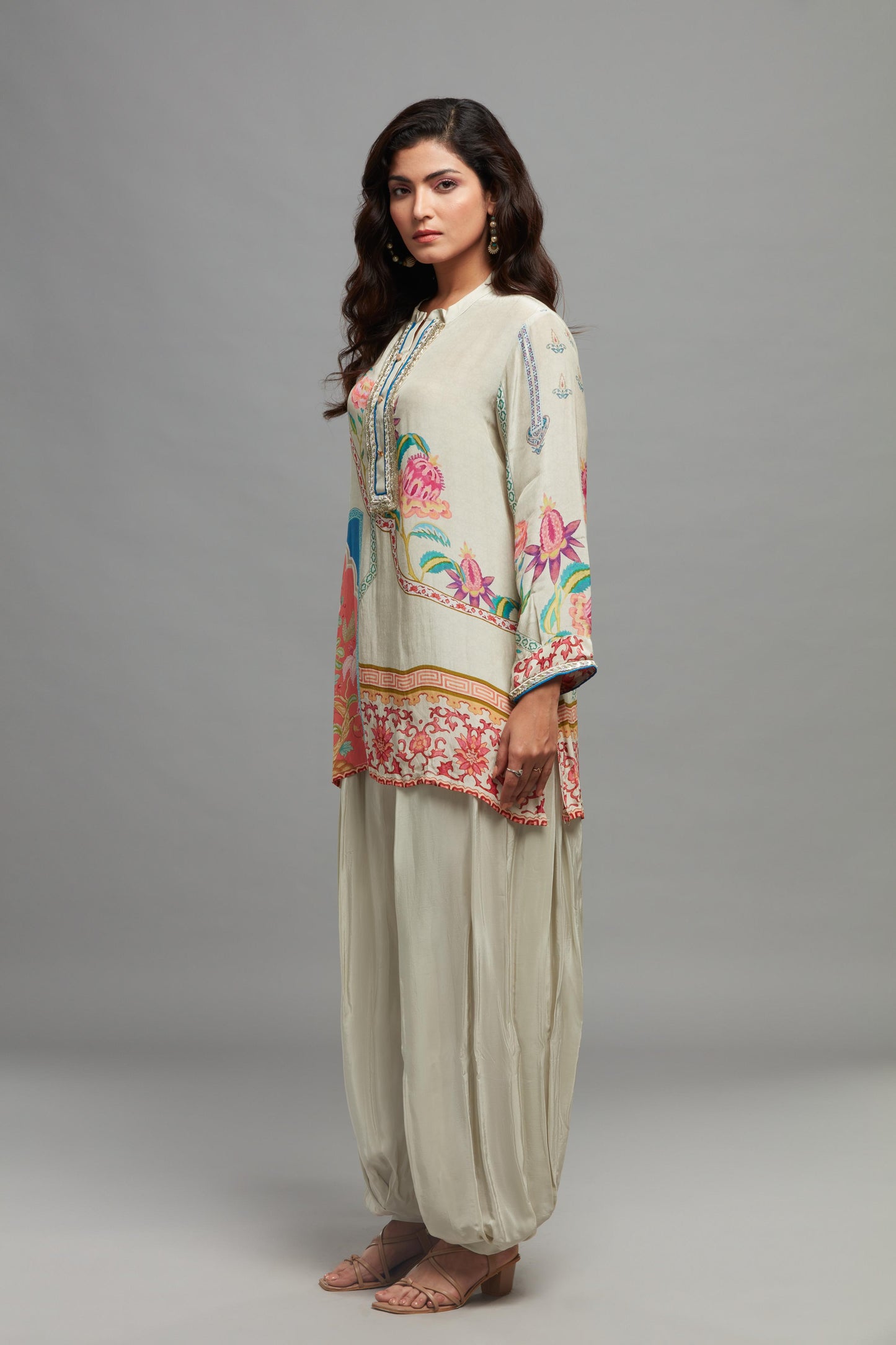 GREY ⁠PRINTED SHORT KURTI AND DHOTI CORD SET ( SET OF 2)