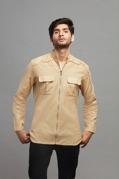 BEIGE JUTE LINEN FRONT ZIP  SHIRT