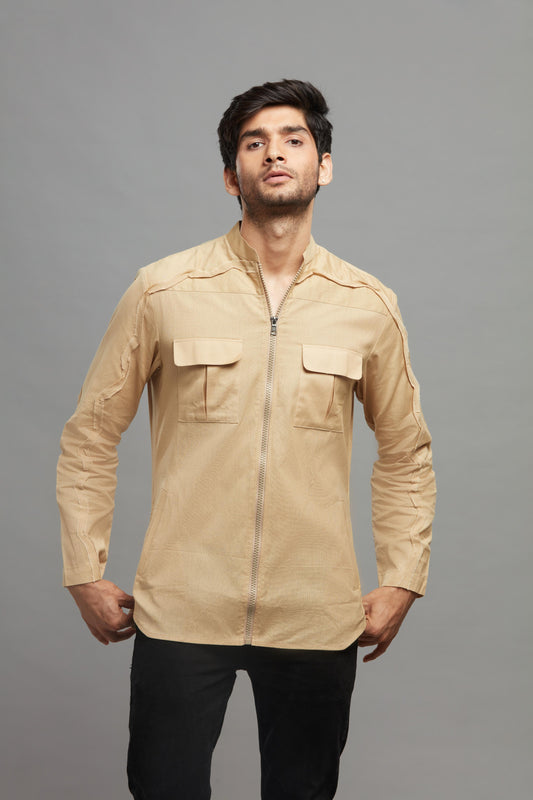 BEIGE JUTE LINEN FRONT ZIP  SHIRT