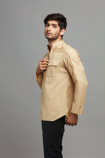 BEIGE JUTE LINEN FRONT ZIP  SHIRT