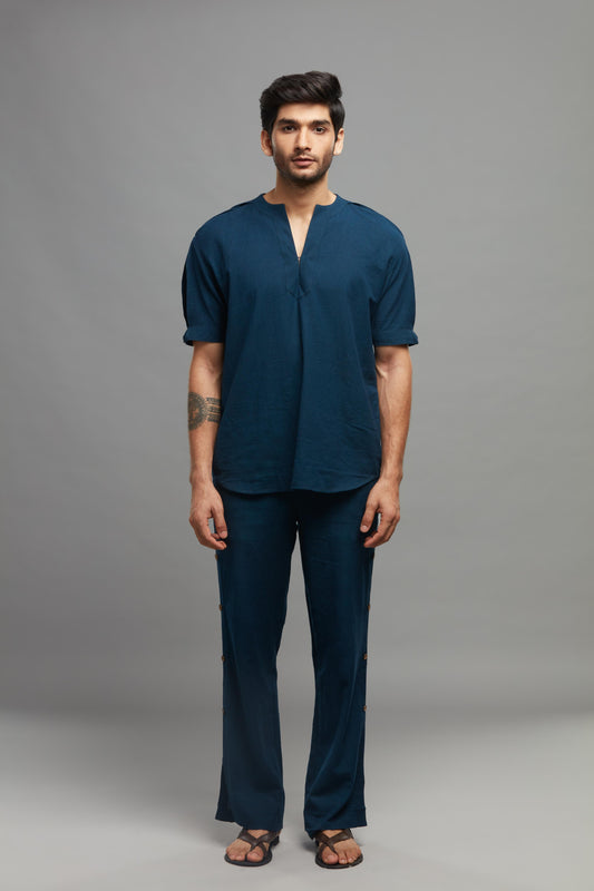 BLUE LINEN KURTA PANT SET (SET OF 2)