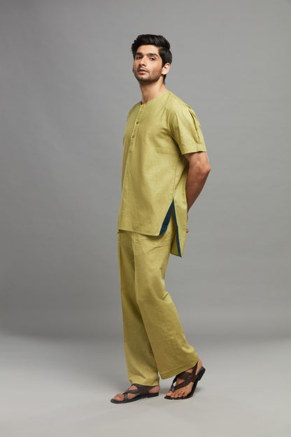 GREEN LINEN  KURTA PANT SET (SET OF 2)