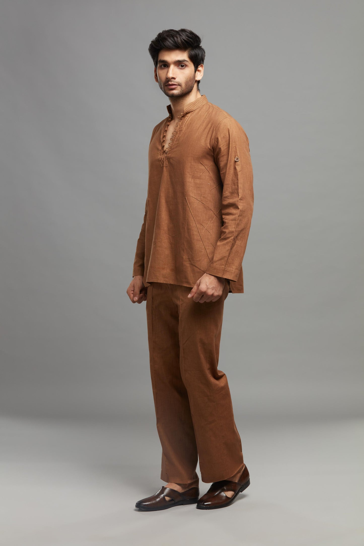 DARK BROWN TEXTURED LINEN  KURTA PANT SET (SET OF 2)