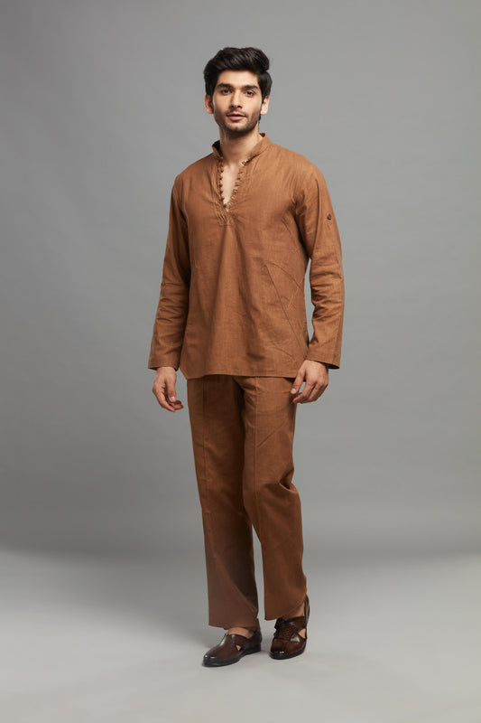 DARK BROWN TEXTURED LINEN  KURTA PANT SET (SET OF 2)