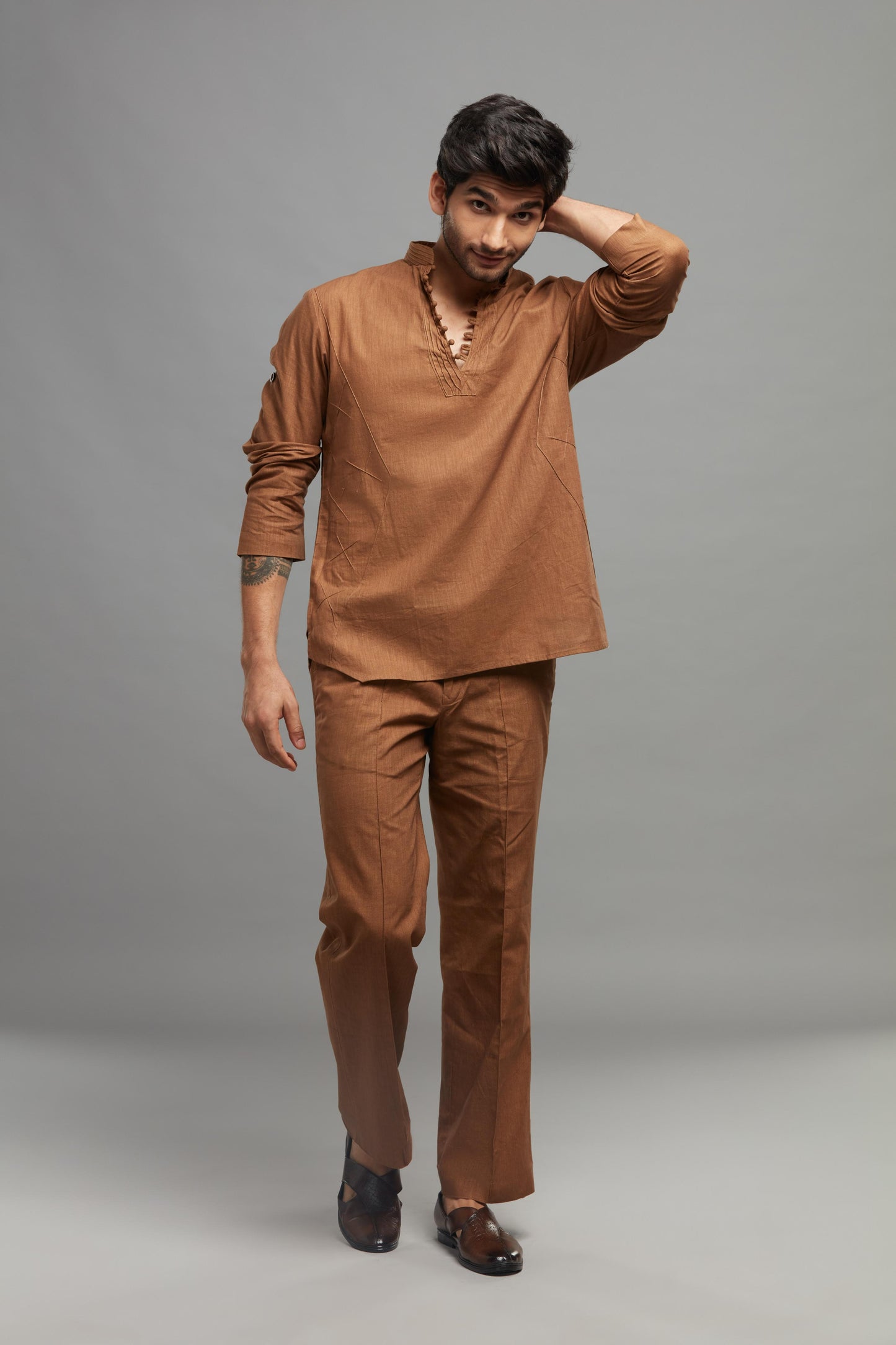 DARK BROWN TEXTURED LINEN  KURTA PANT SET (SET OF 2)