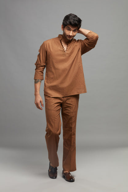 DARK BROWN TEXTURED LINEN  KURTA PANT SET (SET OF 2)