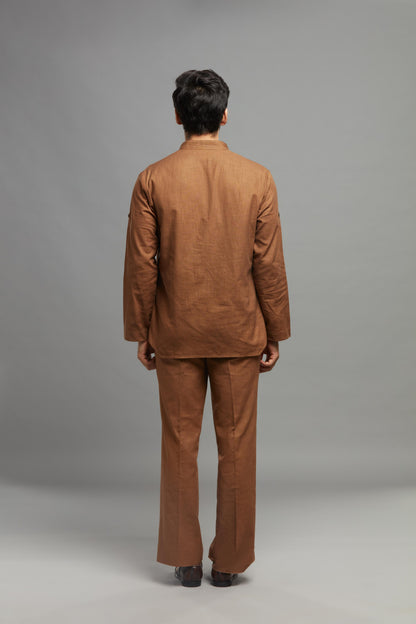 DARK BROWN TEXTURED LINEN  KURTA PANT SET (SET OF 2)