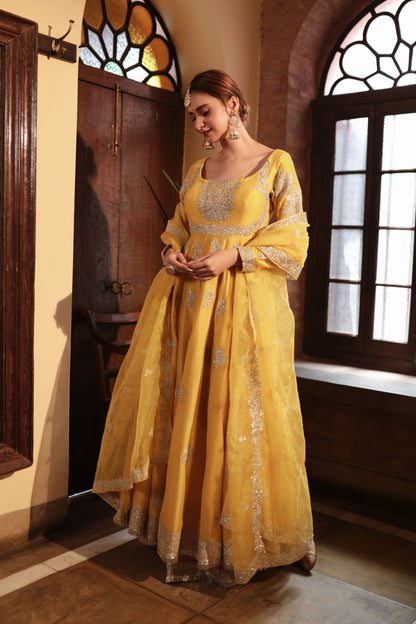 MUSTARD EMBROIDERD ANGRAKHA GOWN