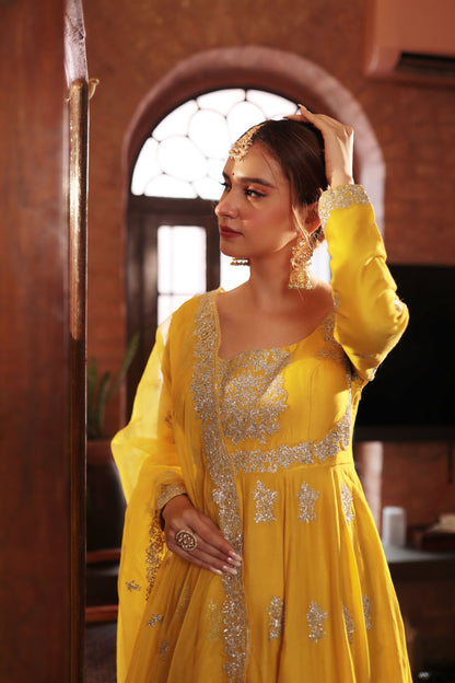 MUSTARD EMBROIDERD ANGRAKHA GOWN