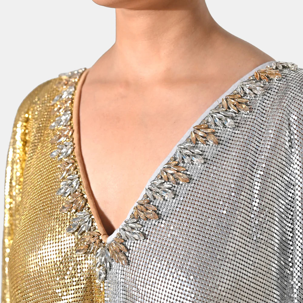 NOOR CHAIN MAIL METALLIC GOLD SILVER KAFTAN