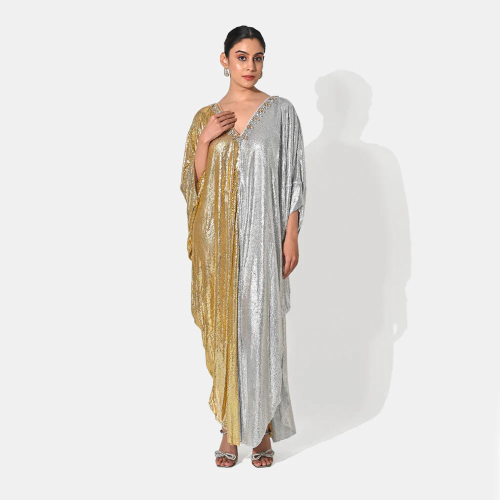 NOOR CHAIN MAIL METALLIC GOLD SILVER KAFTAN